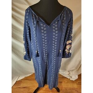 J. JILL $128 Gauze Embroidered Sleeve Tassel Tunic Dress Size XS Blue Floral